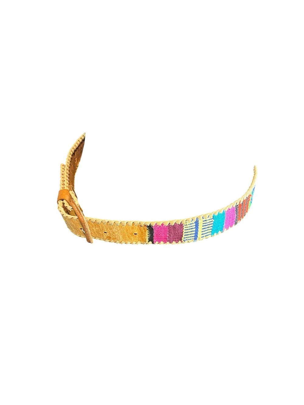 Vtg Hand Woven Belt Leather Traditional Art Guatemalan Multi Color Textile